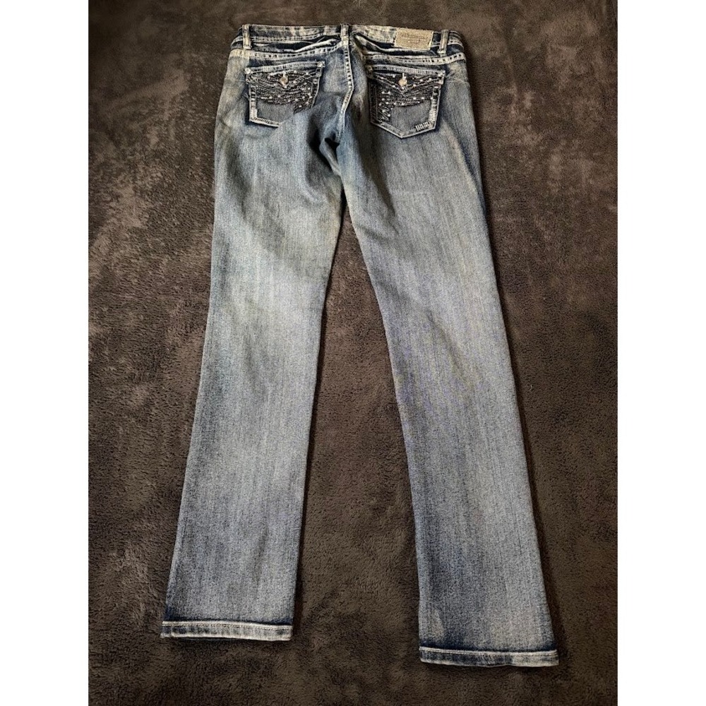 Montana Jeans Womens 13/14 Blue Wash Rhinestone Wing Pocket Straight Jeans 35X32